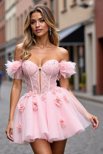Corset Off The Shoulder Blush Homecoming Dress with 3D Flowers